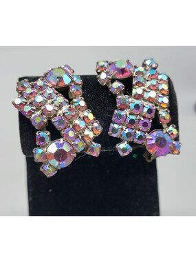 Alice Caviness Multi-Colored Aurora Borealis Clip On Earrings VTG Unsigned